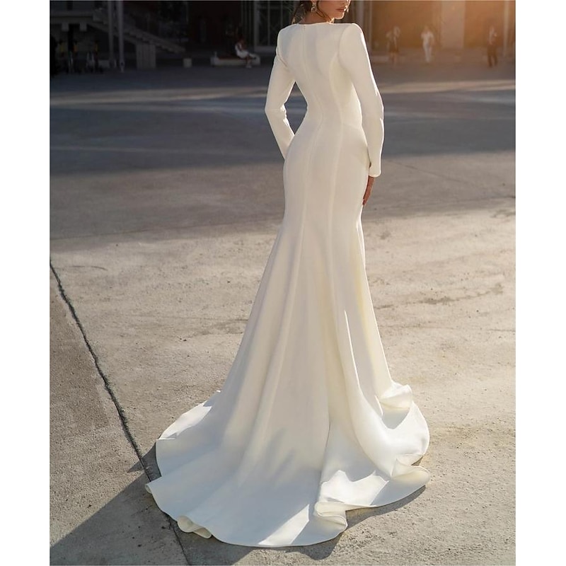 Formal Wedding Dresses Mermaid V Neck Long Sleeve Sweep / Brush Train Chiffon Bridal Gowns With Beading Solid Color2