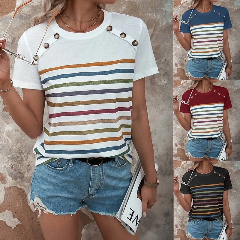 Women's T Shirt Striped Fashion Short Sleeve Round Neck Regular Tops Casual Daily Buttons Print Black White Wine Blue Summer2