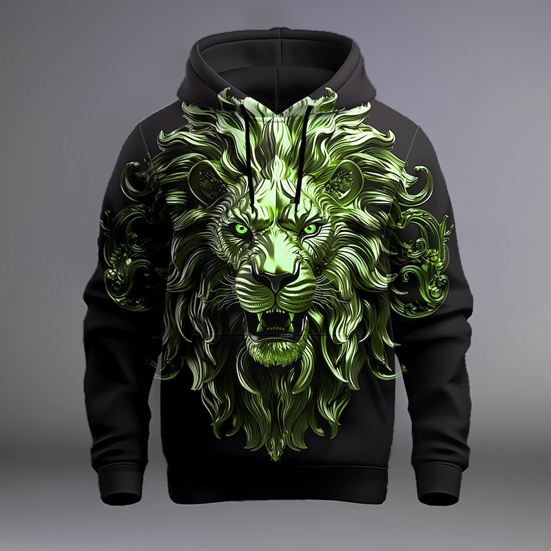 Men's Graphic Lion Textured Hoodie Hoodies Sweatshirt Fashion Daily Long Sleeve Hooded Vacation Going out Streetwear Black Red Print Front Pocket Spring &  Fall Designer2