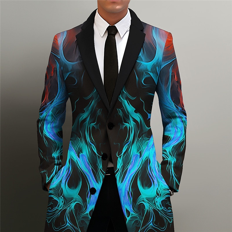 Men's Flame Winter Coat Overcoat Coat Warm Comfortable Breathable Business Abstract Work Wear to work Going out Pocket Print Fall & Winter Turndown Long Sleeve Blue Orange Green2
