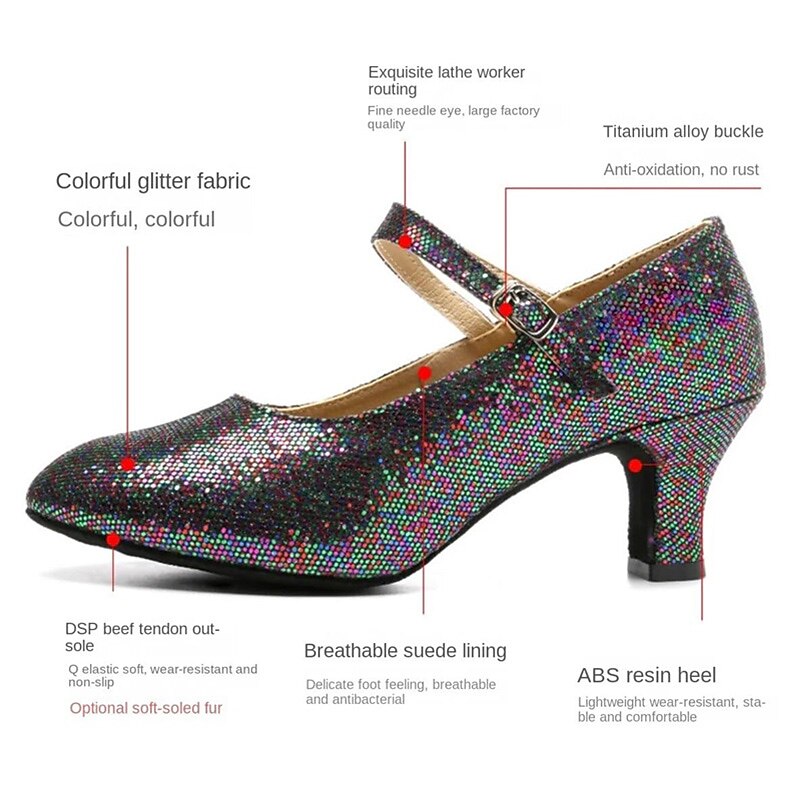 Women's Glitter Ballroom Dance Shoes – Silver Sparkly Mary Jane Heels with Adjustable Strap for Latin Tango Performance3