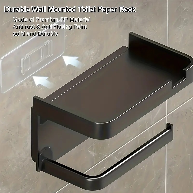 1pc Wall Mounted Toilet Paper Storage Rack & Mobile Phone Holder Self Adhesive Toilet Paper Holder With Phone Shelf  Upgrade YourBathroom With Rustproof And Bathroom Washroom  Black Tissue Rack4
