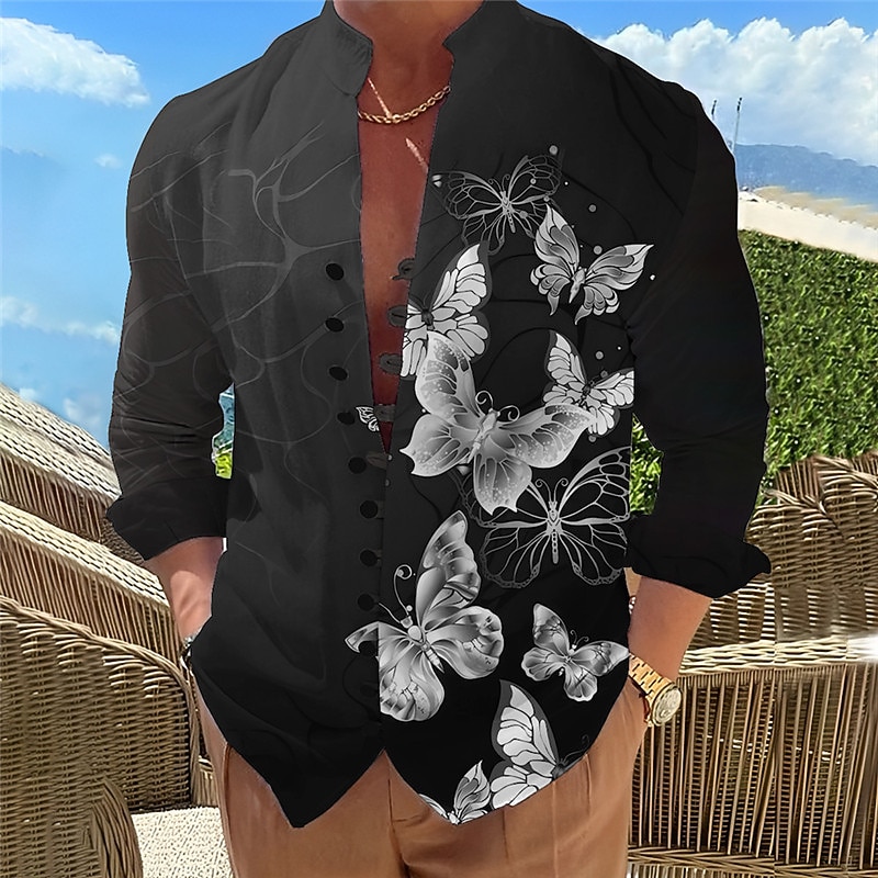 Men's Butterfly Shirt Button Up Shirt Long Sleeve Casual Daily Wear Going out Weekend Spring & Summer Standing Collar Print Button-Down Gold Gray2