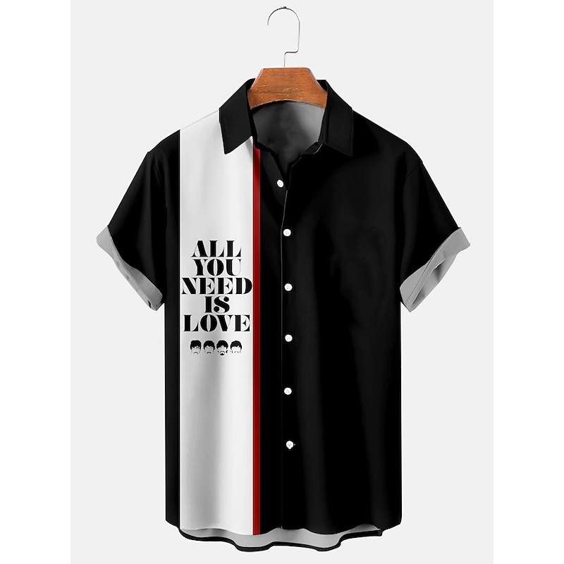 Men's Letter Shirt Summer Hawaiian Shirt Button Up Shirt Short Sleeve Casual Daily Wear Going out Weekend Autumn / Fall Turndown Print Button-Down Black Blue Black-white Gray4