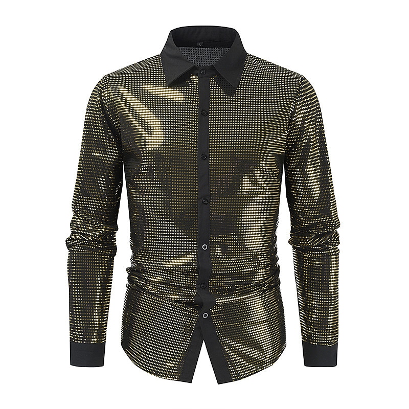 Retro Vintage 1980s Shiny Metallic Shirt Disco Sequins Turndown Fancy Dress Men's Carnival Costume Carnival Performance Club Pride Parade Adults' Shirt All Seasons2