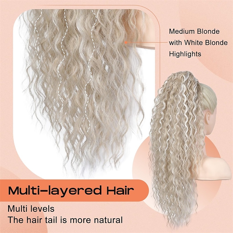 Highlight Drawstring Ponytail Extension PT005 Isabella 26 Long Bohemia Curly Pony Tail Multi Layered Light Soft Clip in Hair Extensions Ponytail Natural Dark Blonde White Blonde Highlight2