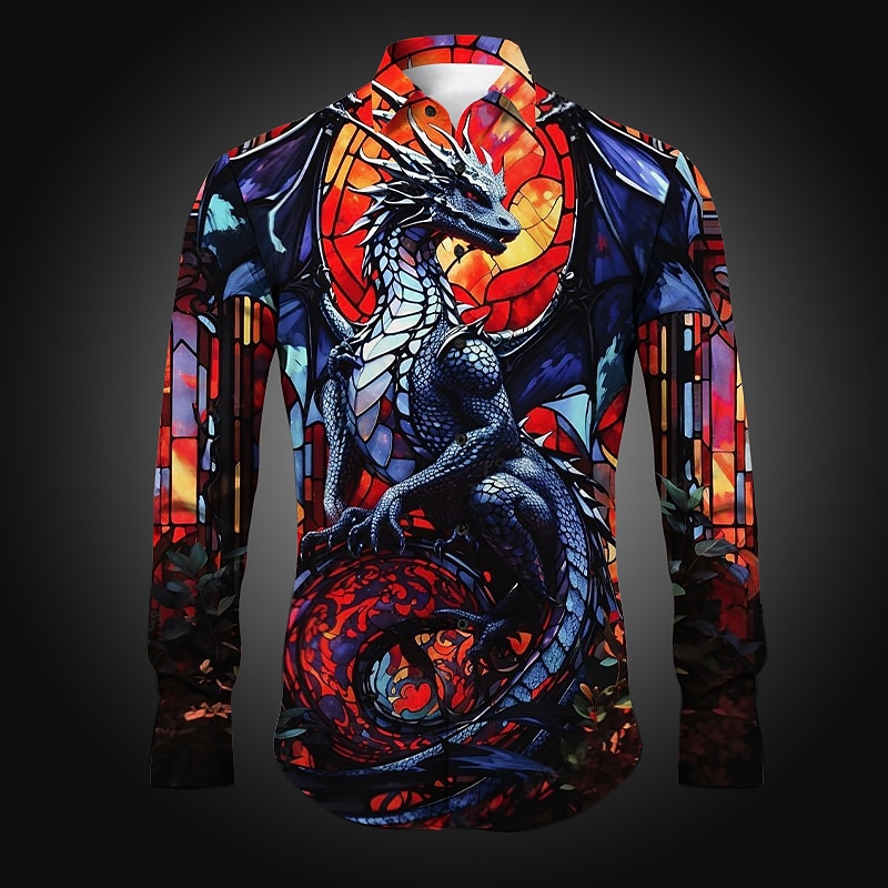 Men's Dragon Shirt Button Up Shirt Long Sleeve Abstract Daily Wear Going out Spring & Summer Turndown Print Button-Down Yellow Red Blue Purple Orange