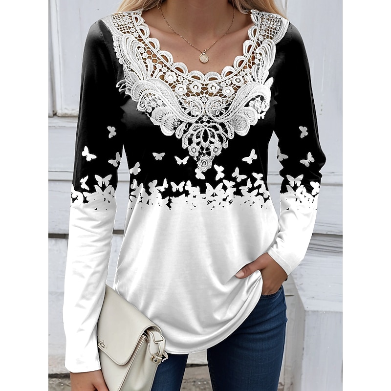 Women's Blouse Tunic Lace Splicing V Neck Long Sleeve Butterfly Abstract Lace Patchwork Print Regular Tops Round Neck Casual Black White Blue Khaki Gray Spring & Fall Prefall