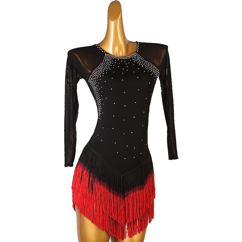 Figure Skating Dress Women's Girls' Ice Skating Dress Black Tassel Open Back Mesh High Elasticity Training Competition Skating Wear Classic Long Sleeve Ice Skating Figure Skating2
