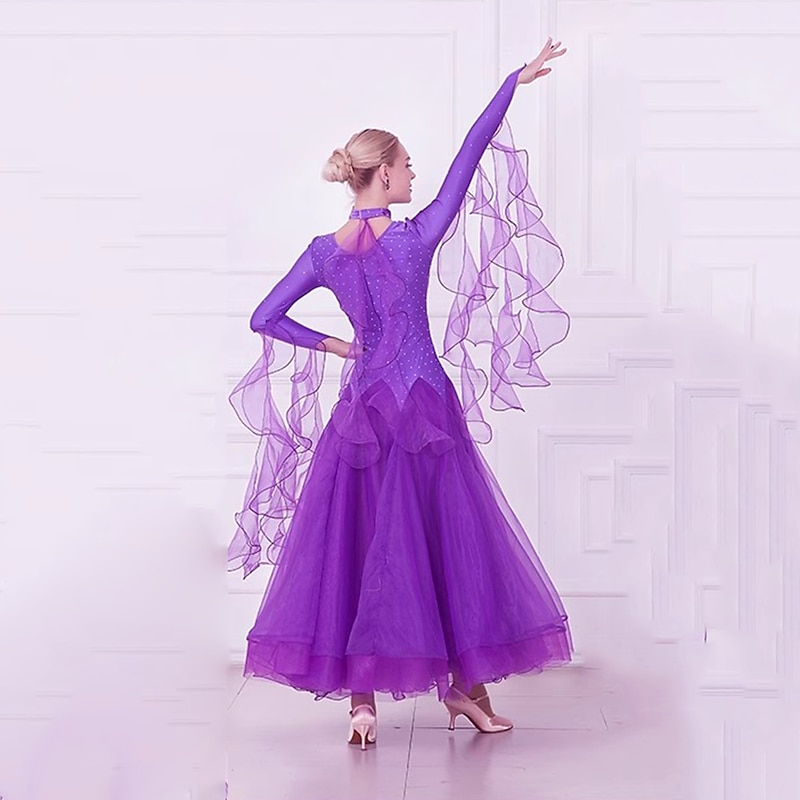 Ballroom Dance Dress Splicing Crystals / Rhinestones Women's Performance Party Long Sleeve Spandex Organza2