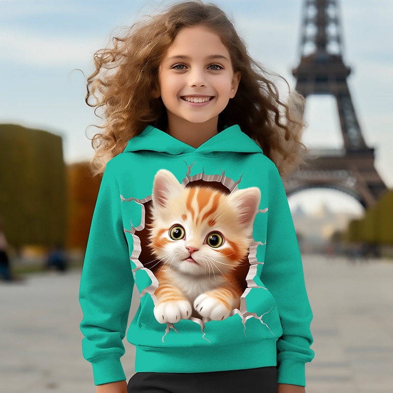 Girls' 3D Cartoon Cat Hoodie Pullover Pink Long Sleeve 3D Print Spring Fall Active Fashion Cute Kids 3-12 Years Hooded Outdoor Casual Daily Regular Fit4