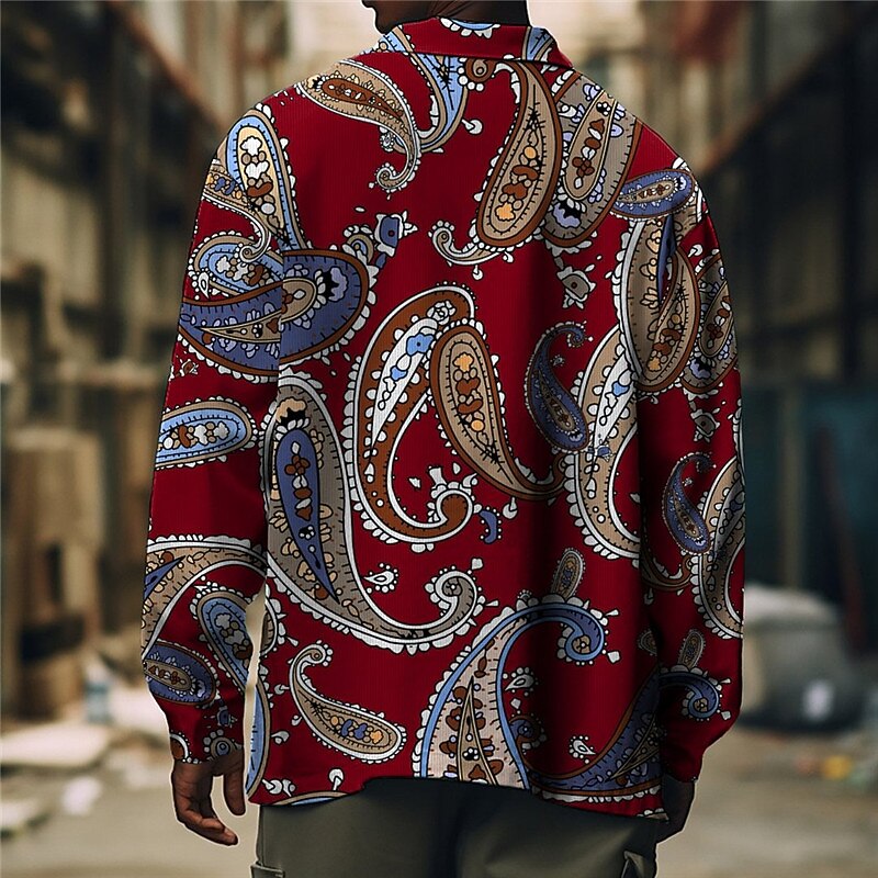 Men's Paisley Shirt Shirt Jacket Overshirt Long Sleeve Vintage Boho Daily Wear Going out Weekend Fall & Winter Turndown Pocket Print Button-Down Black Burgundy2