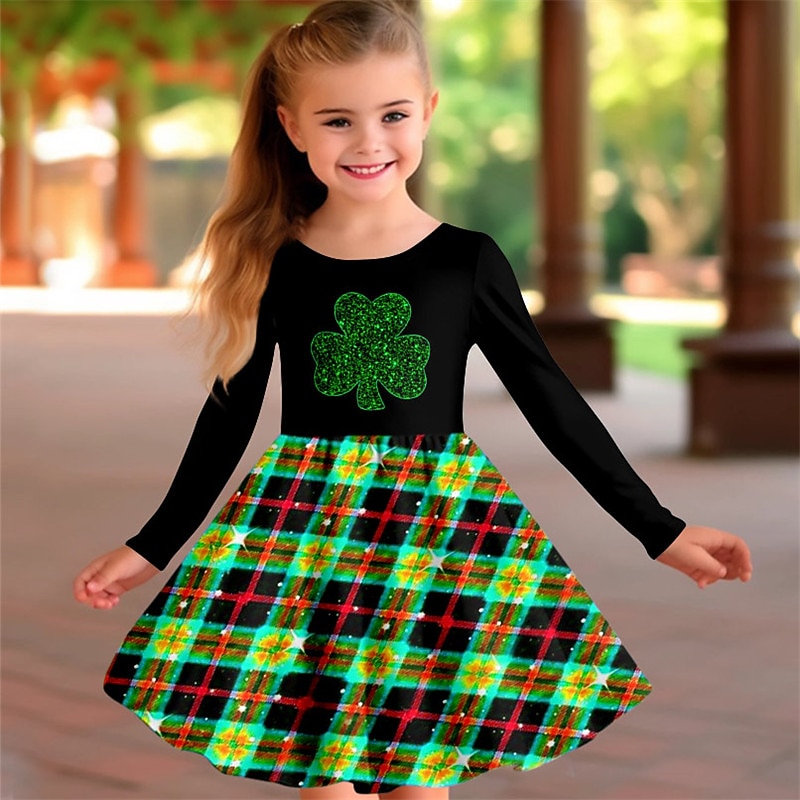 St. Patrick Girls' 3D Dress Long Sleeve 3D Print Spring Fall Sports & Outdoor Daily Holiday Cute Casual Beautiful Kids 3-12 Years Casual Dress A Line Dress Above Knee Polyester Regular Fit2