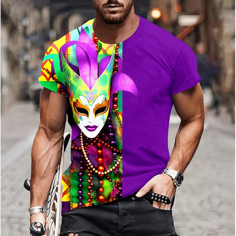 Men's Graphic Feathers Mask Mardi Gras Short Sleeve T shirt 3D Print Crew Neck Shirt Fashion Artistic Abstract Party Casual Holiday Purple Gold Green Summer Clothing Apparel Normal S M L XL XXL XXXL