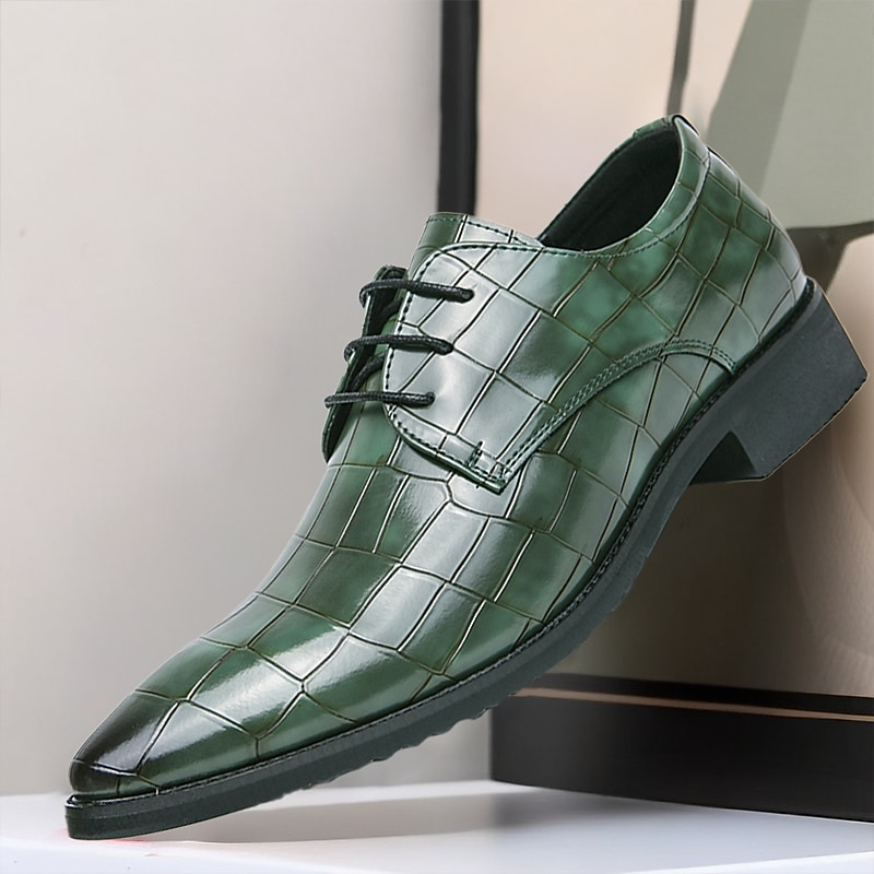 Men's Green Crocodile Pattern Patent Leather Oxford Shoes - Luxury Lace-Up Dress Shoes for Formal Events and Business Attire