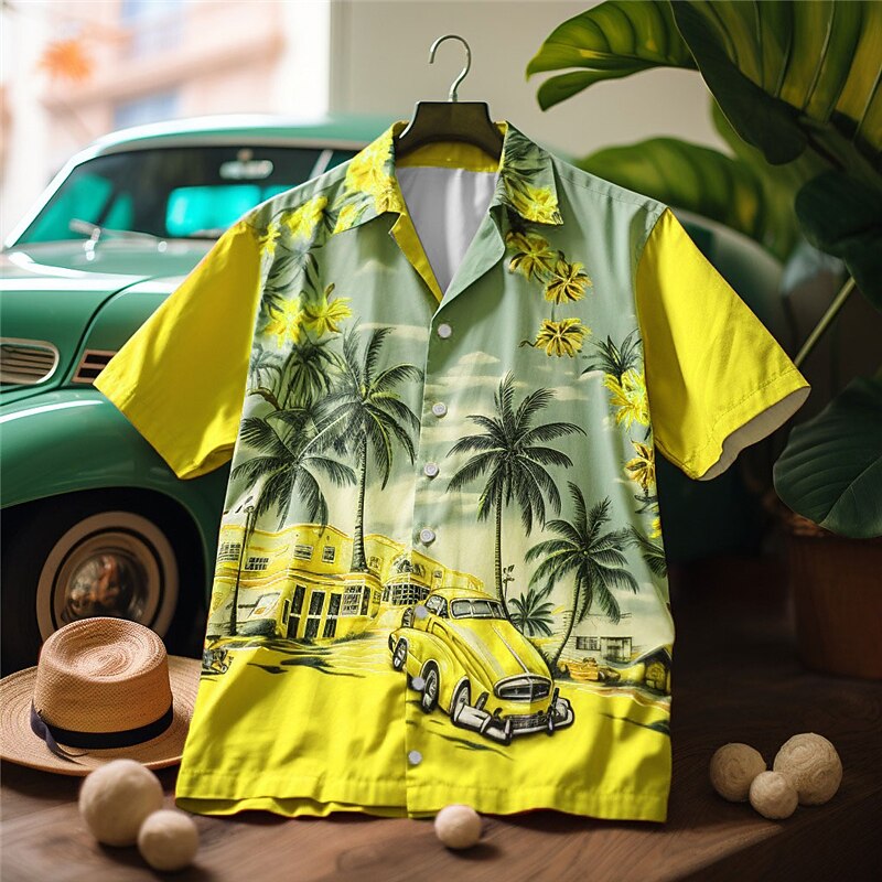 Men's Car Palm Tree Tropical Plants Shirt Summer Hawaiian Shirt Aloha Shirt Short Sleeve Shirt Cuban Collar Fashion Hawaiian Outdoor Vacation Hawaiian Yellow Red Orange S M L3