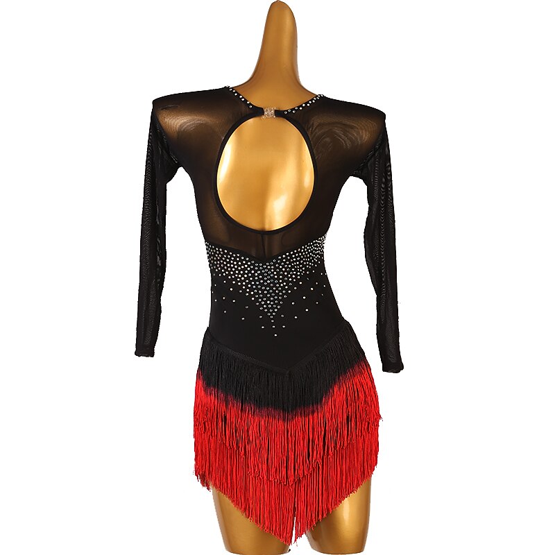 Figure Skating Dress Women's Girls' Ice Skating Dress Black Tassel Open Back Mesh High Elasticity Training Competition Skating Wear Classic Long Sleeve Ice Skating Figure Skating4