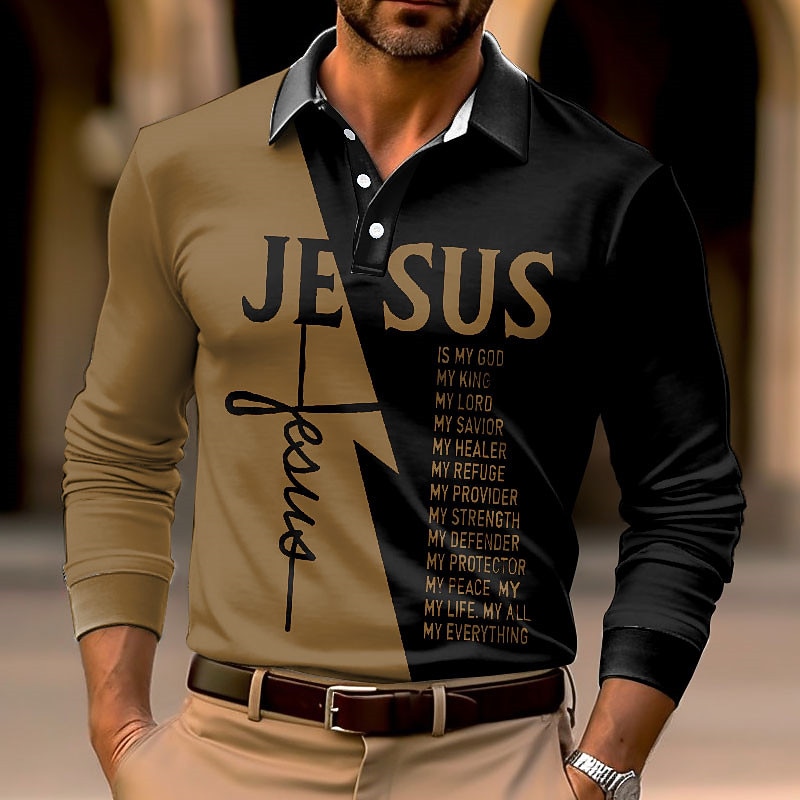 Men's Jesus Christian Polo Shirts Golf Shirt Long Sleeve Polo Shirts Collared Shirts Casual Vacation Wear Party Outfits 3D Print Buttons White Yellow Blue4