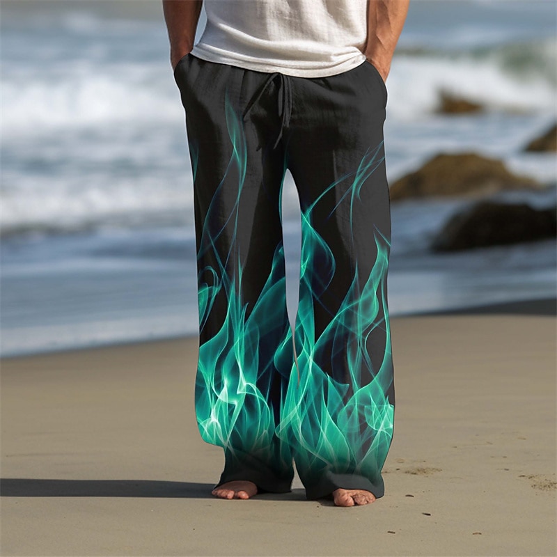 Men's Fire Linen Pants Pants Trousers Baggy Pants Mid Waist Vintage Outdoor Daily Wear Streetwear Fall & Winter Black Red Blue