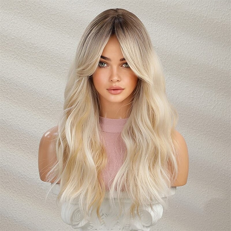 Long Blonde Wig with Bangs Long Curly Wavy Blonde Wig for Women Mixed Blonde Long Synthetic Wig2