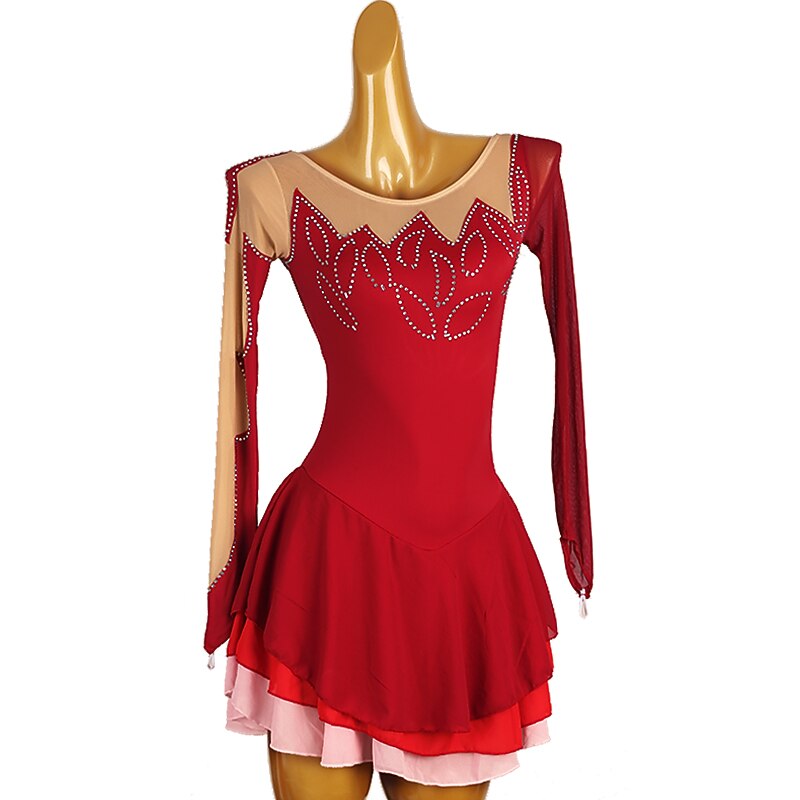 Figure Skating Dress Women's Girls' Ice Skating Dress Burgundy Patchwork Open Back Mesh High Elasticity Training Competition Skating Wear Classic Long Sleeve Ice Skating Figure Skating3