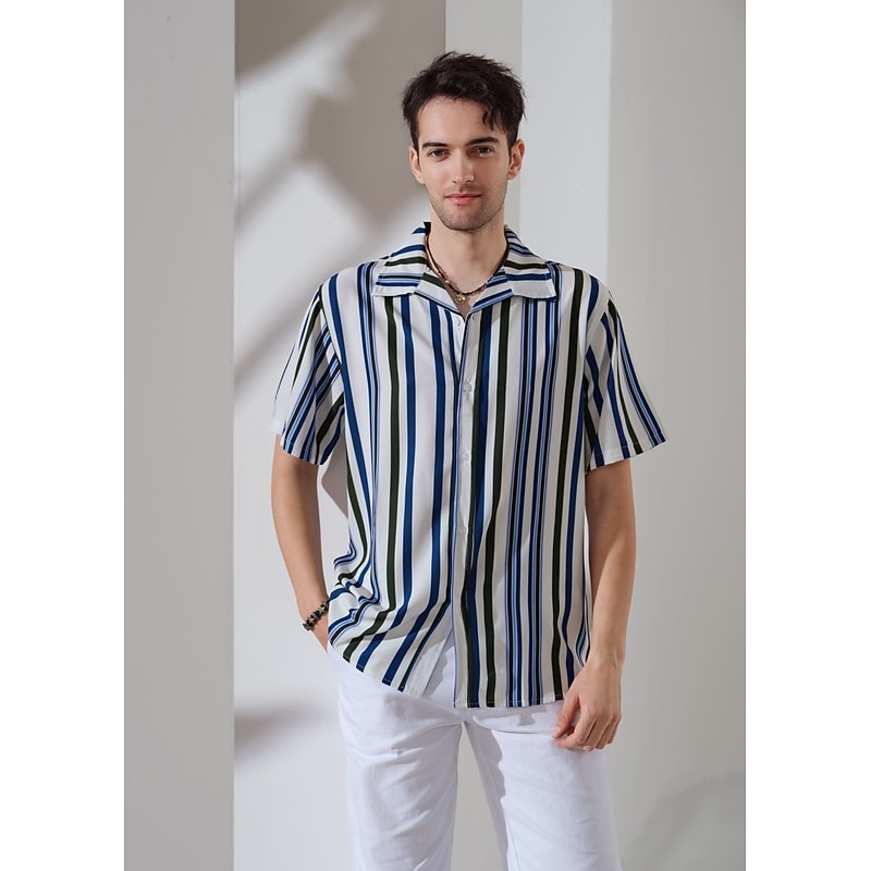 Men's Striped Geometric Pattern Shirt Button Up Shirt Short Sleeve Fashion Designer Casual Outdoor Daily Summer Collar Print Button-Down White Blue Purple Brown Gray4