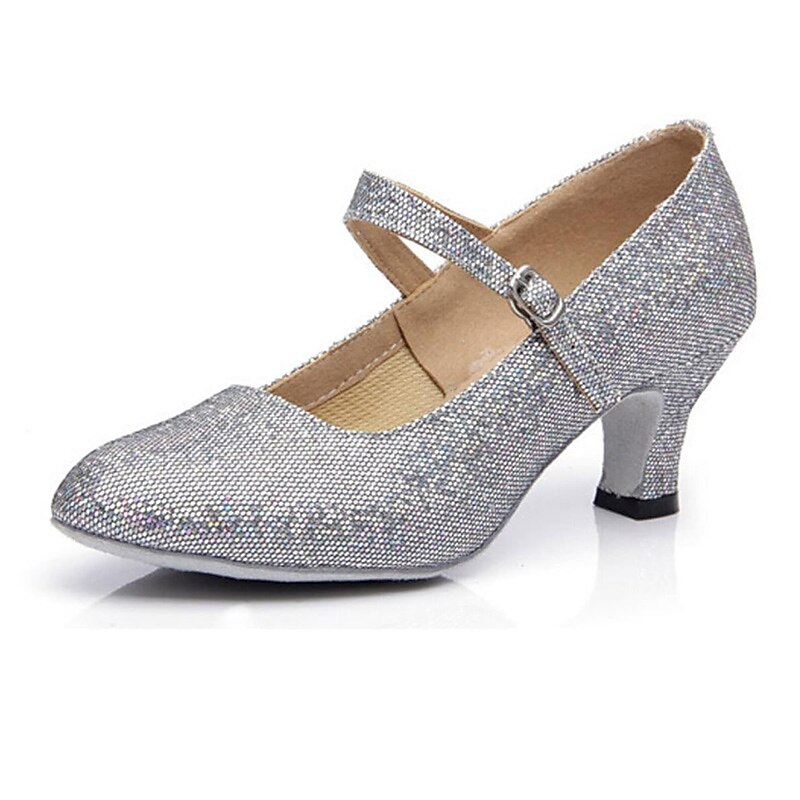 Women's Glitter Ballroom Dance Shoes – Silver Sparkly Mary Jane Heels with Adjustable Strap for Latin Tango Performance2
