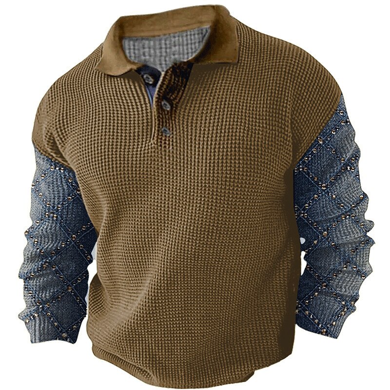 Men's Plaid Waffle Polo Shirts Golf Shirt Long Sleeve Polo Shirts Collared Shirts Vintage Casual Vacation Wear Formal Wear Festival Wear Buttons 3D Print Fall & Winter Black Dark Navy Khaki2