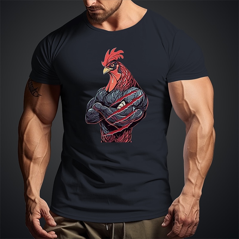 Men's Muscular Rooster Graphic Tee Short Sleeve, Strong Animal Fitness Workout Lifestyle T-Shirt
