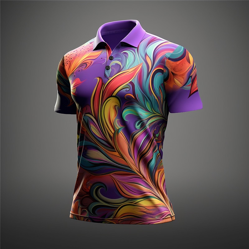Carnival Leaf Symbol Men's Abstract Print 3D Golf Polo Outdoor Daily Wear Streetwear Mardi Gras Polyester Short Sleeve Turndown Polo Shirts Mint Green Light Purple Spring & Summer S M L Micro-elastic