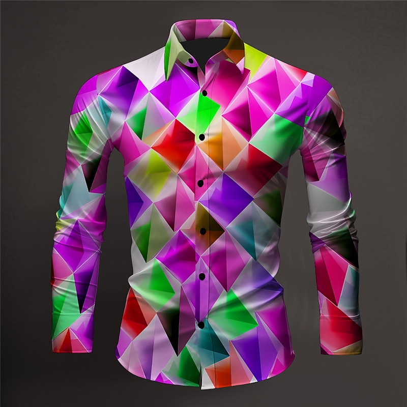 Men's Colorful Color Block Geometric Pattern Shirt Button Up Shirt Long Sleeve Artistic Abstract Daily Wear Going out Fall & Winter Turndown Print Button-Down Purple Rainbow2