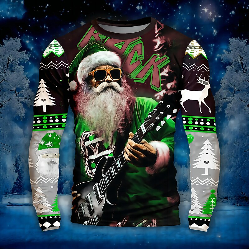 Christmas Men's Santa Claus Music Christmas Pattern T Shirt Funny T Shirts Long Sleeve T shirt 3D Print Crew Neck Shirt Daily Outdoor Casual Party Casual Holiday Black Purple Green Spring &  Fall3