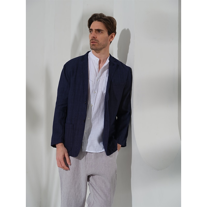 100% Linen Men's Linen Blazer Blazer Business Formal Evening Wedding Party Fashion Casual Spring &  Fall Plain Pocket Casual / Daily Single Breasted Blazer Black Dark Blue3