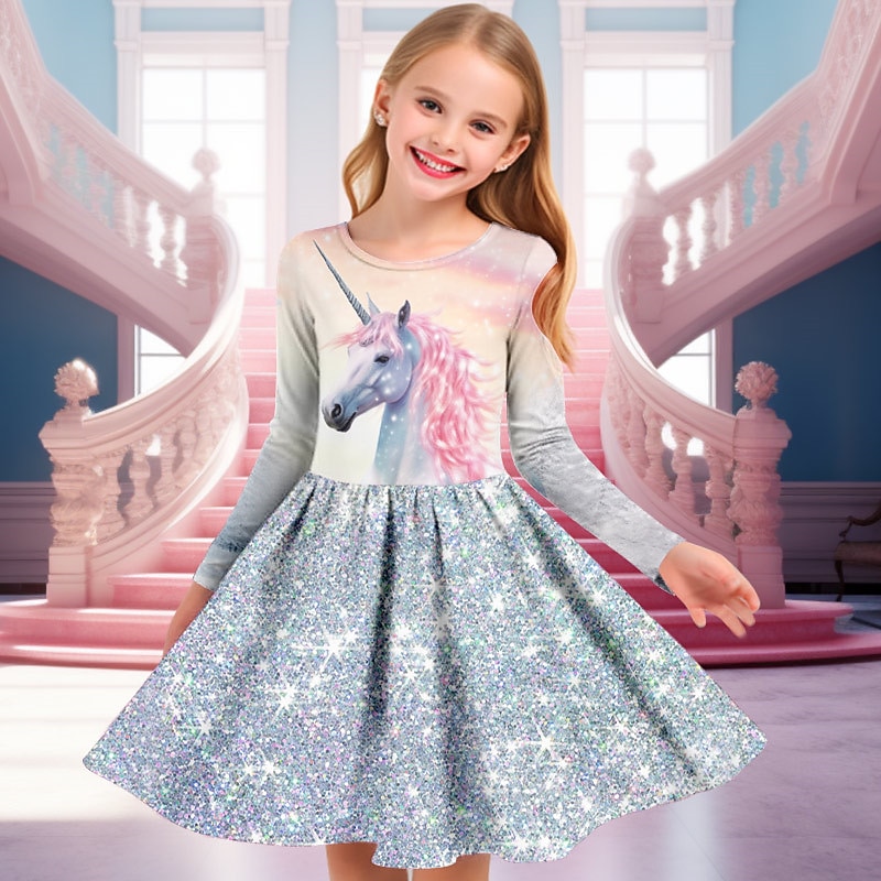 Girls' 3D Unicorn Dress Pink Long Sleeve 3D Print Spring Fall Vacation Sports & Outdoor Daily Cute Casual Beautiful Kids 3-12 Years Casual Dress A Line Dress Above Knee Regular Fit