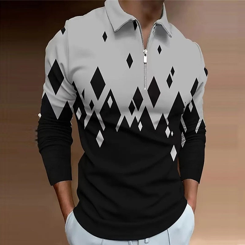 Men's Geometric Zip Polo Shirts Golf Shirt Long Sleeve Polo Shirts Collared Shirts Casual Vacation Wear Formal Wear Festival Wear 3D Print Quarter Zip Polo Spring & Summer Black Wine Navy Blue3