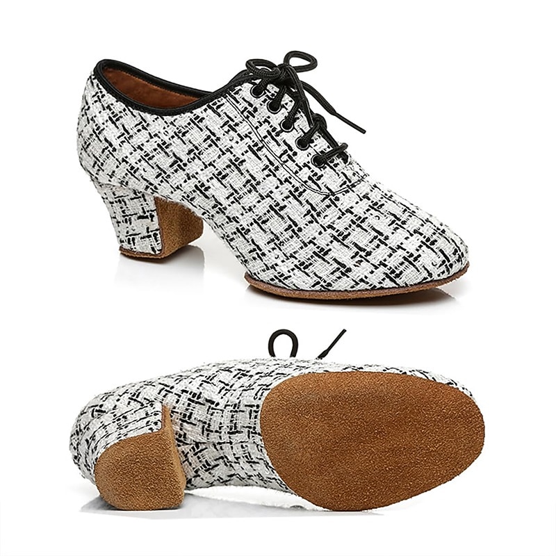 Women's Tweed Latin Dance Shoes – Lace-Up Ballroom Performance Heels with Suede Sole for Professional Dancers