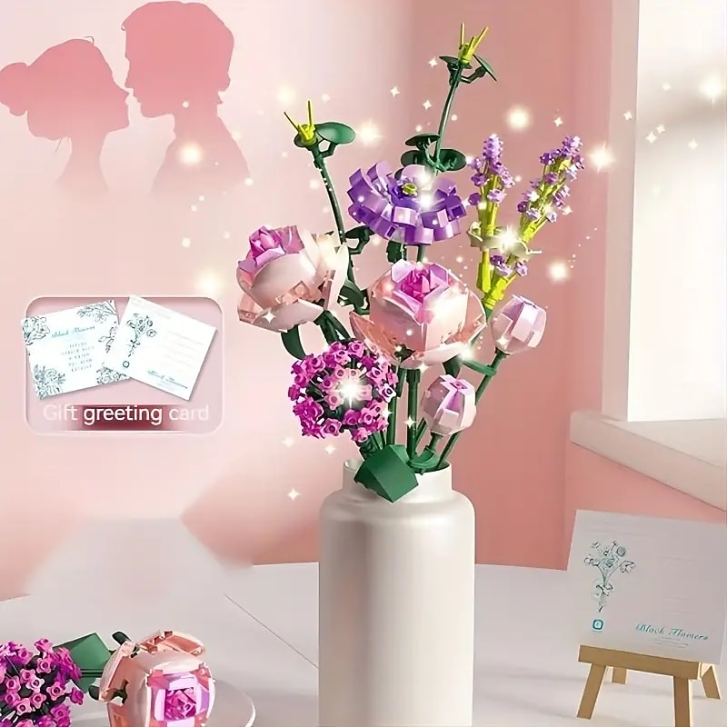 Women's Day Gifts 413pcs Building Blocks Bouquet Set Gift Wrapping Paper Birthday Gift Can Decorate Bedroom Living Room Office Vase Not Included Mother's Day Gifts for MoM4