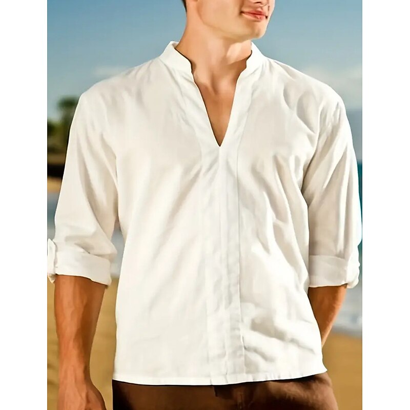 Men's Shirt Linen Shirt Cotton Linen Shirt White Cotton Shirt Chinese Collar Shirt Mandarin Collar Shirt Plain Vacation Casual White Long Sleeve V Neck Spring &  Fall Clothing Apparel2