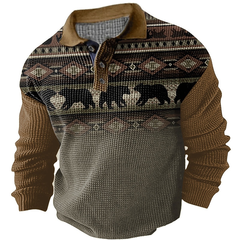 Men's Western Wear Waffle Polo Shirts Golf Shirt Long Sleeve Polo Shirts Collared Shirts Vintage Casual Vacation Wear Party Outfits Buttons 3D Print Fall & Winter Dark Navy Green Khaki2