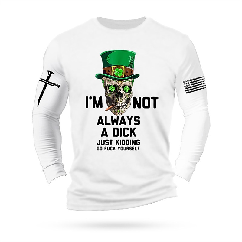 St.Patrick's Day Skulls National Flag Black White Orange T shirt Tee Men's Graphic Cotton Shirt Vintage Basic Shirt Long Sleeve Comfortable Tee Sports Outdoor Holiday Spring Fall Fashion Designer3