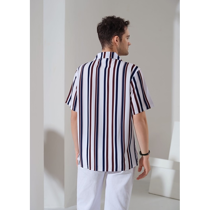 Men's Striped Geometric Pattern Shirt Button Up Shirt Short Sleeve Fashion Designer Casual Outdoor Daily Summer Collar Print Button-Down White Blue Purple Brown Gray3