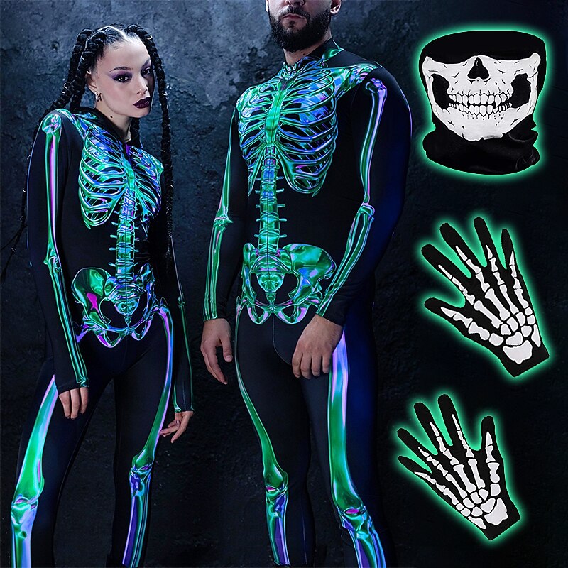 Skull Skeleton Cosplay Costume Gloves Mask Men's Women's Movie Cosplay Scary Costume Black Purple Green Leotard / Onesie Halloween Carnival Masquerade Polyester