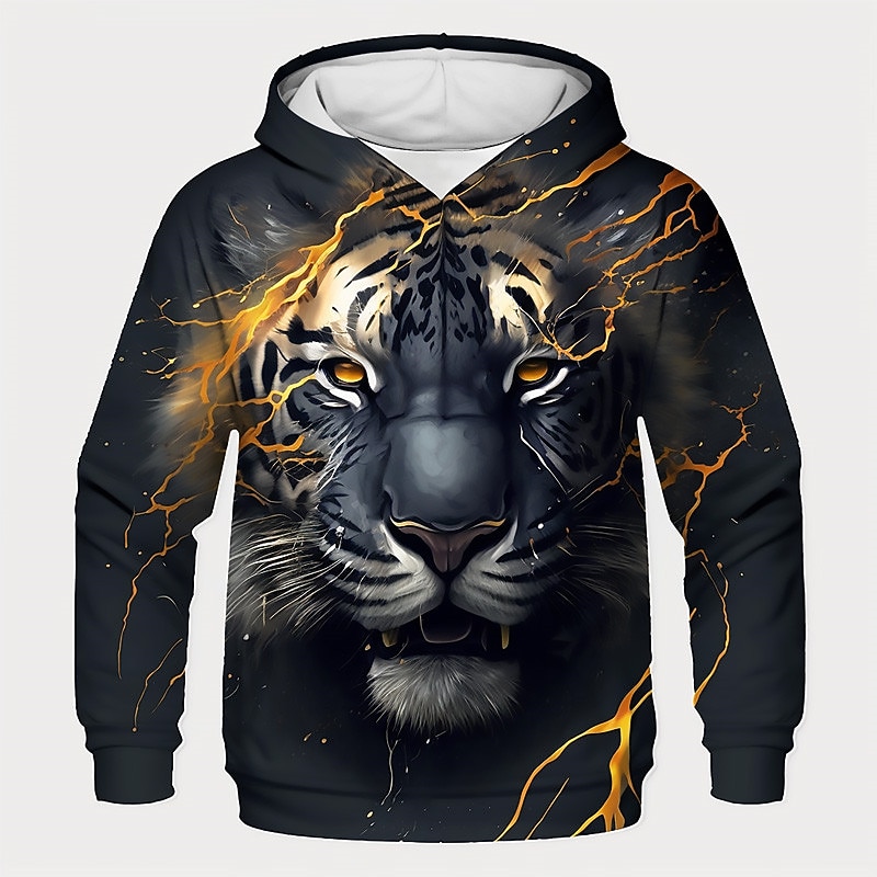 Boys 3D Tiger Hoodie Pullover Long Sleeve 3D Print Spring Fall Fashion Streetwear Cool Kids 3-12 Years Hooded Outdoor Casual Daily Regular Fit