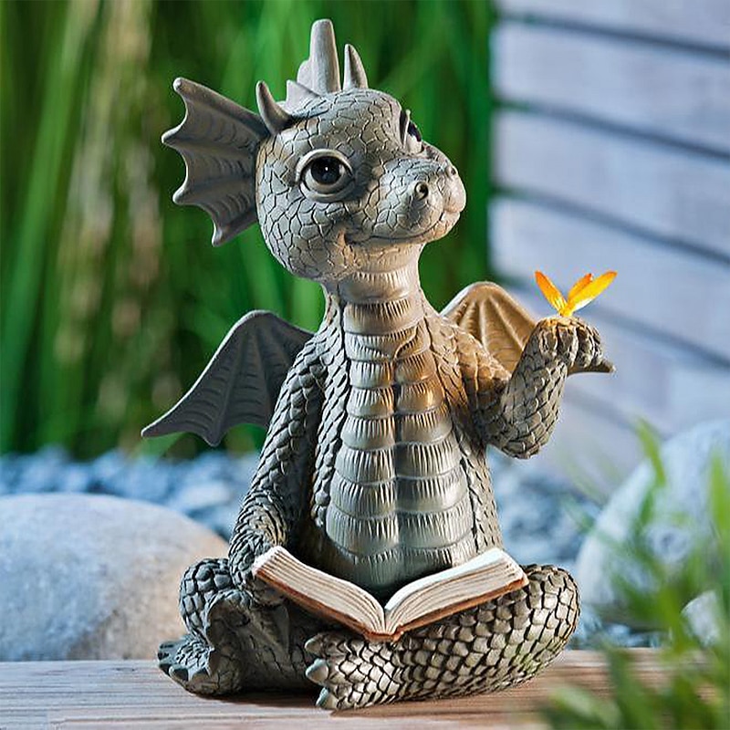 Baby Dragon Reading Book Statue Dragon Sculpture Garden Statue Sculptures for Outdoor Garden Backyard Porch Decoration
