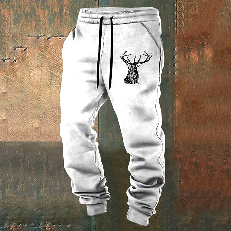 Elk Vintage Men's 3D Print Sweatpants Joggers Pants Trousers Outdoor Street Casual Daily Polyester Lake blue White Blue S M L Mid Waist Elasticity Pants