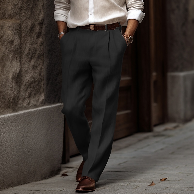 Men's Linen Pants Summer Pants Buttons Front Pocket Straight Leg Plain Comfort Breathable Casual Daily Holiday Fashion Basic Black White3