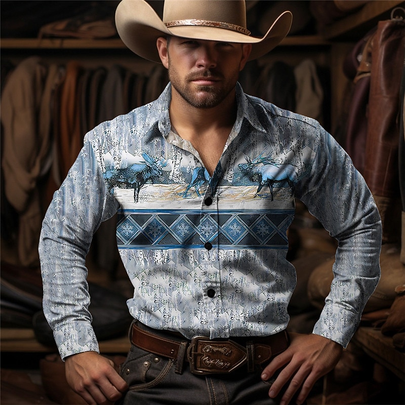 Men's Cow Shirt Western Shirt Cowboy Shirt Long Sleeve Vintage Western Style Outdoor Street Casual Daily Fall & Winter Turndown Buttons Print Blue Brown Gray2