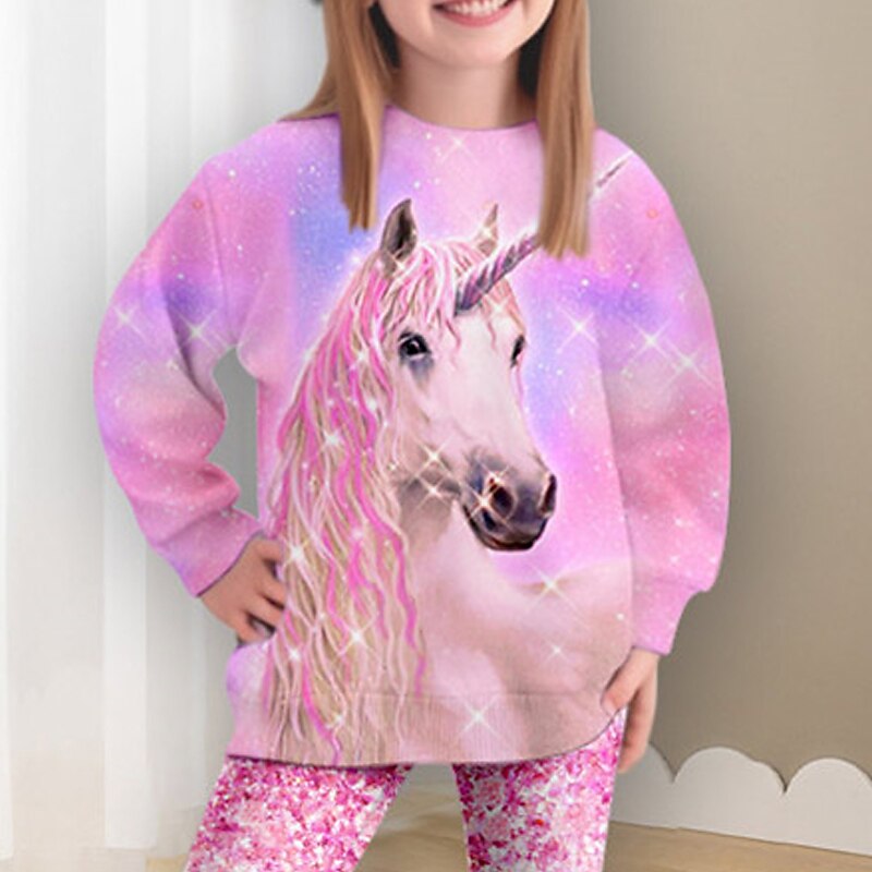 Girls' 3D Unicorn Sweatshirt & Legging Set Pink Long Sleeve 3D Print Spring Fall Active Fashion Daily Kids 3-12 Years Crew Neck Outdoor Vacation Date Regular Fit4