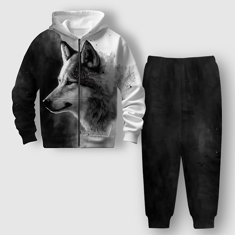 Boys 3D Wolf Hoodie & Sweatpants Set Long Sleeve 3D Printing Spring Fall Active Fashion Cool Kids 3-12 Years Zip Hooded Outdoor Vacation Street Regular Fit