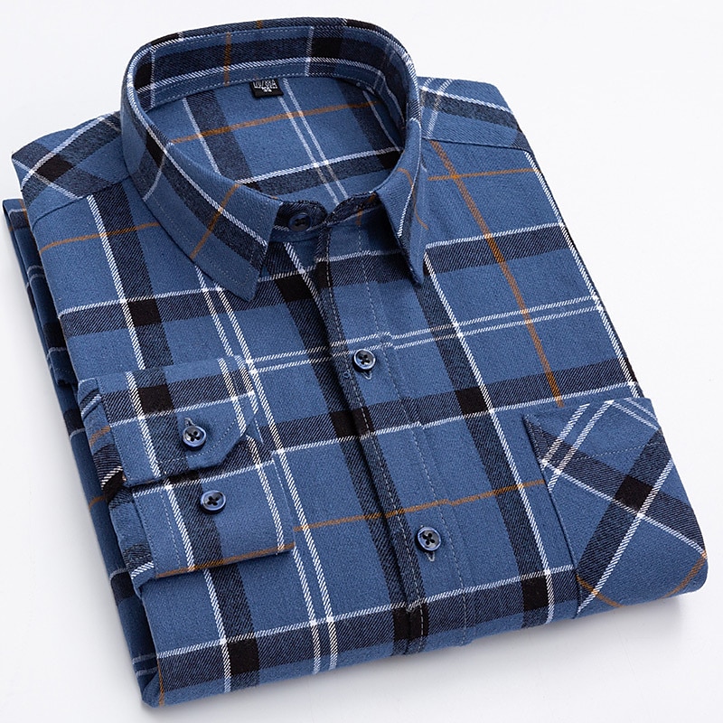 Men's Shirt Dress Shirt Button Down Shirt Plaid Office & Career Wedding Party Dark Red Red Navy Blue Blue Long Sleeve Lapel Spring &  Fall Clothing Apparel Front Pocket2